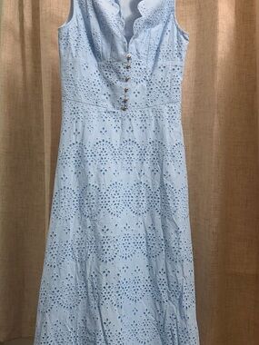 Commense Light Blue Eyelet Maxi Dress with gold Buttons